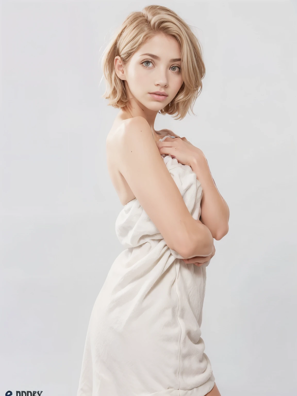 (Best quality, high quality), (masterpiece:1.2, portrait, 4k full HD), girl, Emily Rudd, 26 years, Very white hair, short haircut, Full lips, huge breasts, wide hips, thin waist, posing, towel, ((Retro)) (most detailed photo, HD wallpaper), ((photo art by David Dubnitsky ))