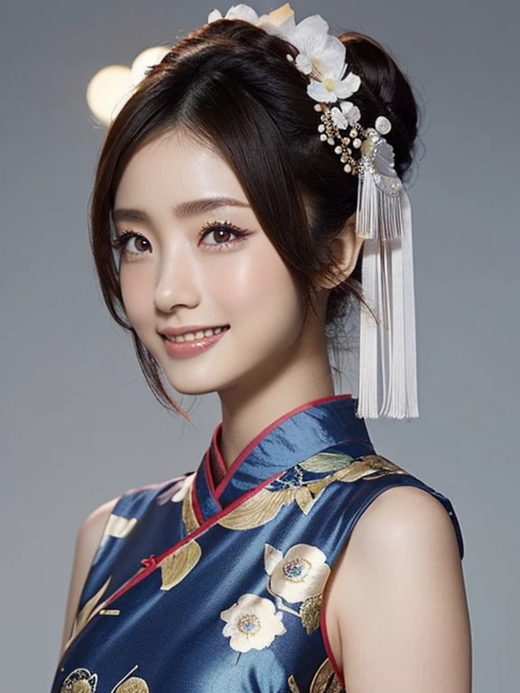 (uetoaya), Wearing traditional Chinese dress、Generate an image of a young female model with Chinese buns hairstyle。Her dress is in cool colors.、Made of lustrous material。The dress is sleeveless、Her shoulders and arms are exposed。Her hairstyle is Chinese style buns.、It fits her face。Her makeup is subtle、It brings out her natural beauty。She is smiling at the camera.、Shows confidence and elegance。The background is simple、Make sure to compliment her presence。The generated image is、The aim was to create an image that combines traditional Chinese beauty with modern appeal.、Keep the quality。