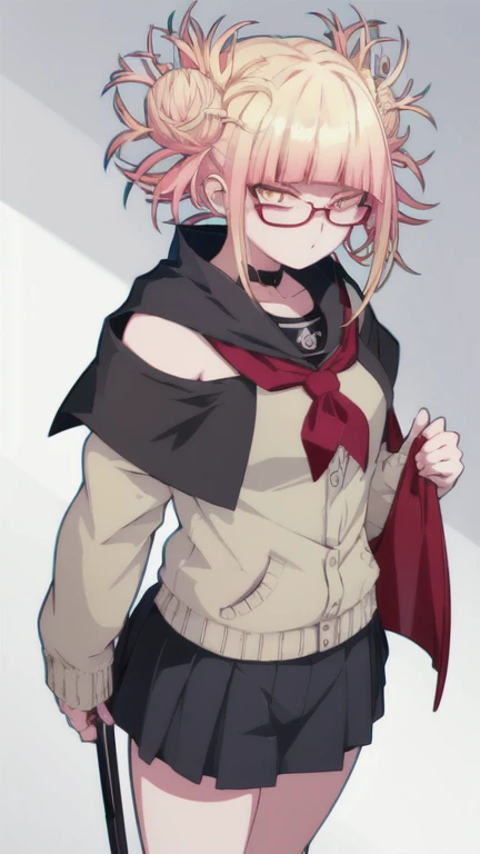 ((Matserpiece)), best quality, highres, Sarada, age up, mature, adult, time skip, sort hair, thin glasses, bare shoulder, black jacket, tube top, black tube top, simple back grounr, sexy pose, black eyes, black hair, close up, earing, collarbone, uchiha symbol earing, very short hair, tomboy hair, tomboy, long tube top, choker, (boruto two blue vortex),
