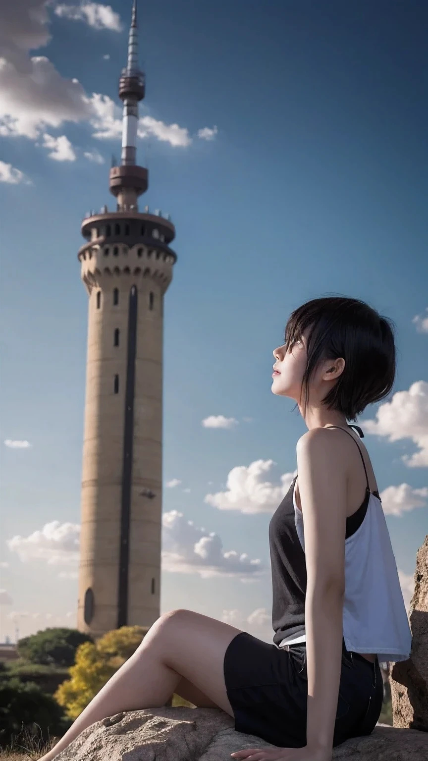 Anime girl sitting on a rock looking at the sky,A tower piercing the sky in the distance, makoto shinkai cyril rolando, anime art wallpaper 4k, anime art wallpaper 4k, Cyril Rolland and Goro Fujita, anime art wallpaper 8k, 4k anime wallpaper, anime wallpaper 4k, anime wallpaper 4k, ( ( makoto shinkai ) ), makoto shinkai!