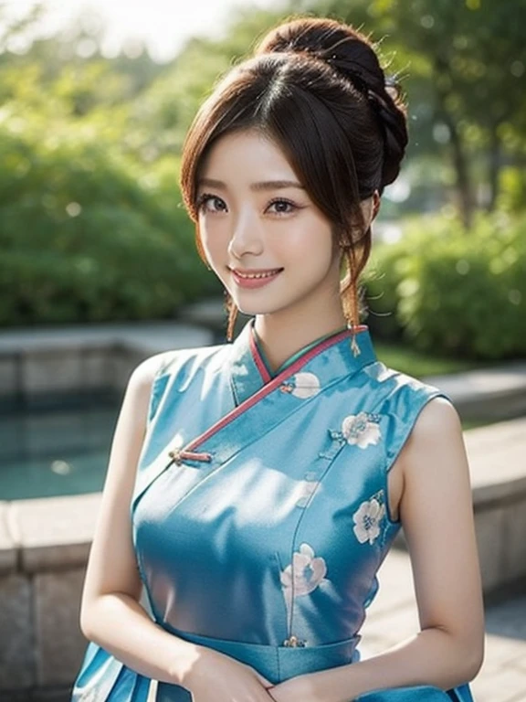 (uetoaya), Wearing traditional Chinese dress、Generate an image of a young female model with Chinese buns hairstyle。Her dress is in cool colors.、Made of lustrous material。The dress is sleeveless、Her shoulders and arms are exposed。Her hairstyle is Chinese style buns.、It fits her face。Her makeup is subtle、It brings out her natural beauty。She is smiling at the camera.、Shows confidence and elegance。The background is simple、Make sure to compliment her presence。The generated image is、The aim was to create an image that combines traditional Chinese beauty with modern appeal.、Keep the quality。