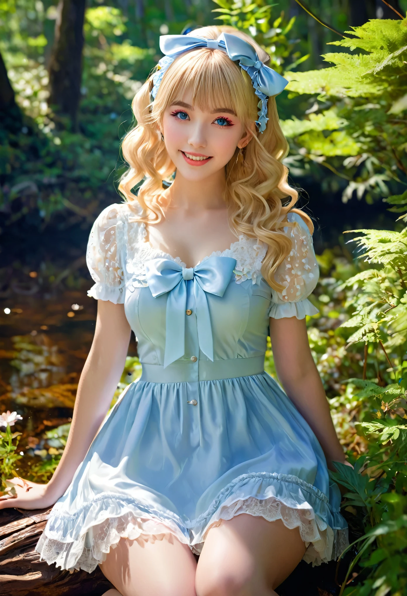 (photorealistic:1.7), (Stylish pose), (sharp focus), full body, from side, (((extremely detailed CG, ray tracing, UHD, dramatic lighting, RAW, perspective))), Catchlight, Fashion Photography, Gentle Atmosphere, portrait photography, (Elegant, good sense of color, no one behind, hyper detailed background), (((RED Lolita fashion))), colorful, (face light), (ringlets, blonde hair, Beautiful cuticle hair, blunt bangs), Lolita idol, beautiful Elegant cute girl, Feminine cuteness, perfect anatomy, ideal ratio body proportions, Realistic skin texture, eyeliner, mascara, cheeks, Moist lips, colored eyelashes,1girl, solo focus, light smile, sweet smile, super lovely beautiful Perfect symmetry face, blue eyes, arches, ((flowery areas, beautiful gardens)), light-based artwork, art nouveau, curves, nature, Beautiful lace patterns, Depth of World, Beautiful Reflections, slight breeze, narrative, Deep within the forest, beautiful trees, dappled sunlight, woodland, grove, underbrush, abundant flora, native plants, nature, mushrooms, fallen logs, lifelike bark, wildflowers, a beautiful balance of light and darkness, the great outdoors, a lake, clear water, a pristine atmosphere, Silence, gentle breeze, pleasant weather, the beauty of light, wholesome beauty, supreme natural beauty, sky, realistic ground, realistic stones, realistic flora, ultimate natural beauty, Beautiful waterside scenery, a lovely maiden standing there, gentle sunlight, reflections on the water’s surface, the beauty of water, transparency, dewdrops on plants, waterside flora, a picturesque landscape, (cute colorful flower, x hair ornament, hair ribbon, ribbon), medium breasts, sweetlolita,