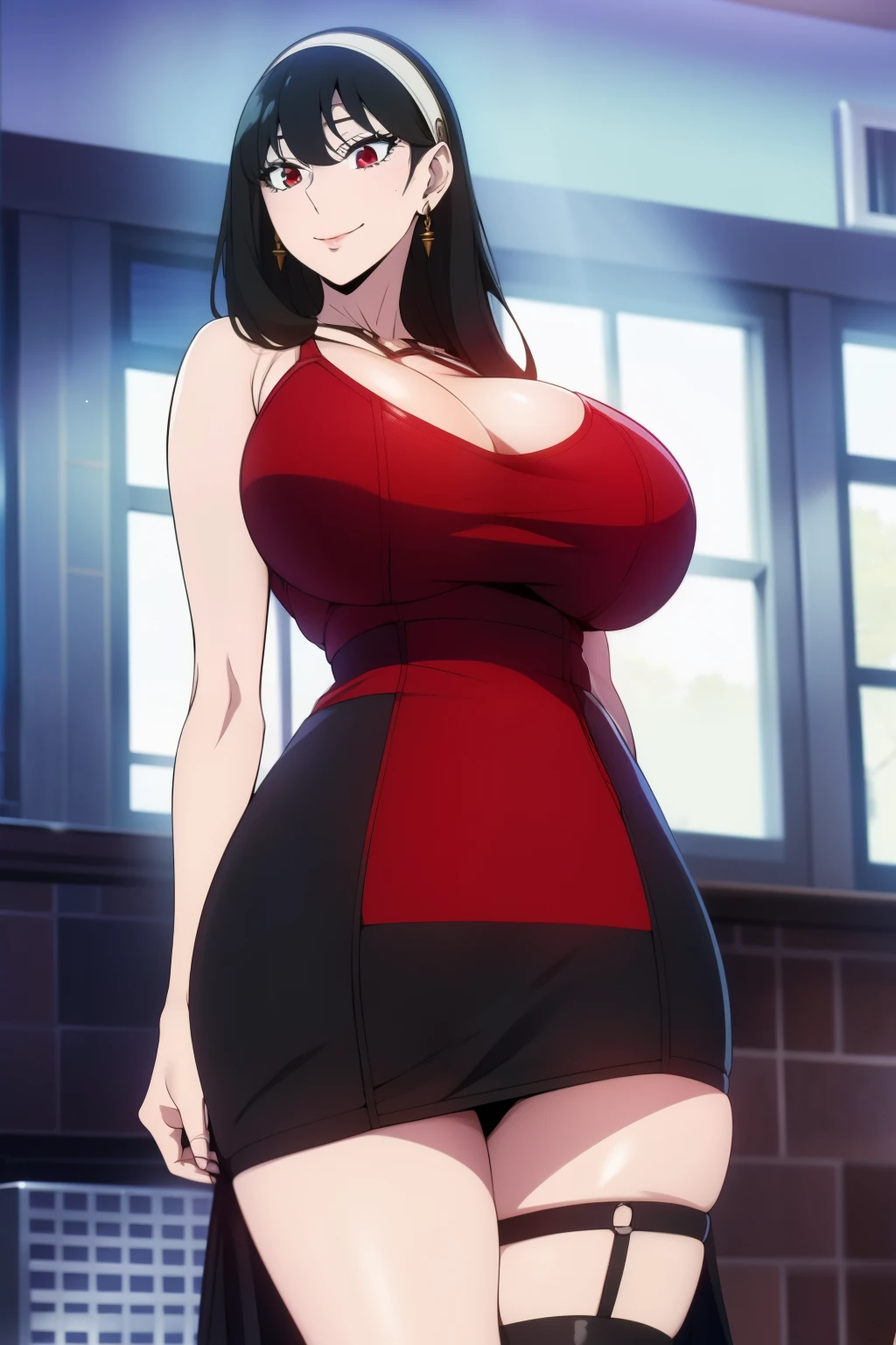 An anime-style artwork depicting yor from the anime spy x family
Tags: Yor Forger, holding, black hair, minidress, hairband, sidelocks, looking at viewer, bare shoulders, standing, earrings, short hair with long locks, jewelry, closed mouth, bangs, anime, detailed eyes, detailed lips, ass, 1girl, red eyes, (black hair:1.1), solo, huge breasts, smiling expression, intense gaze, dynamic pose, indoor, palace, vibrant colors, digital art, high-resolution, professional quality, gigantic breasts, cleavage), curvy, cowboy shot, (gigantic breasts: 1.4),