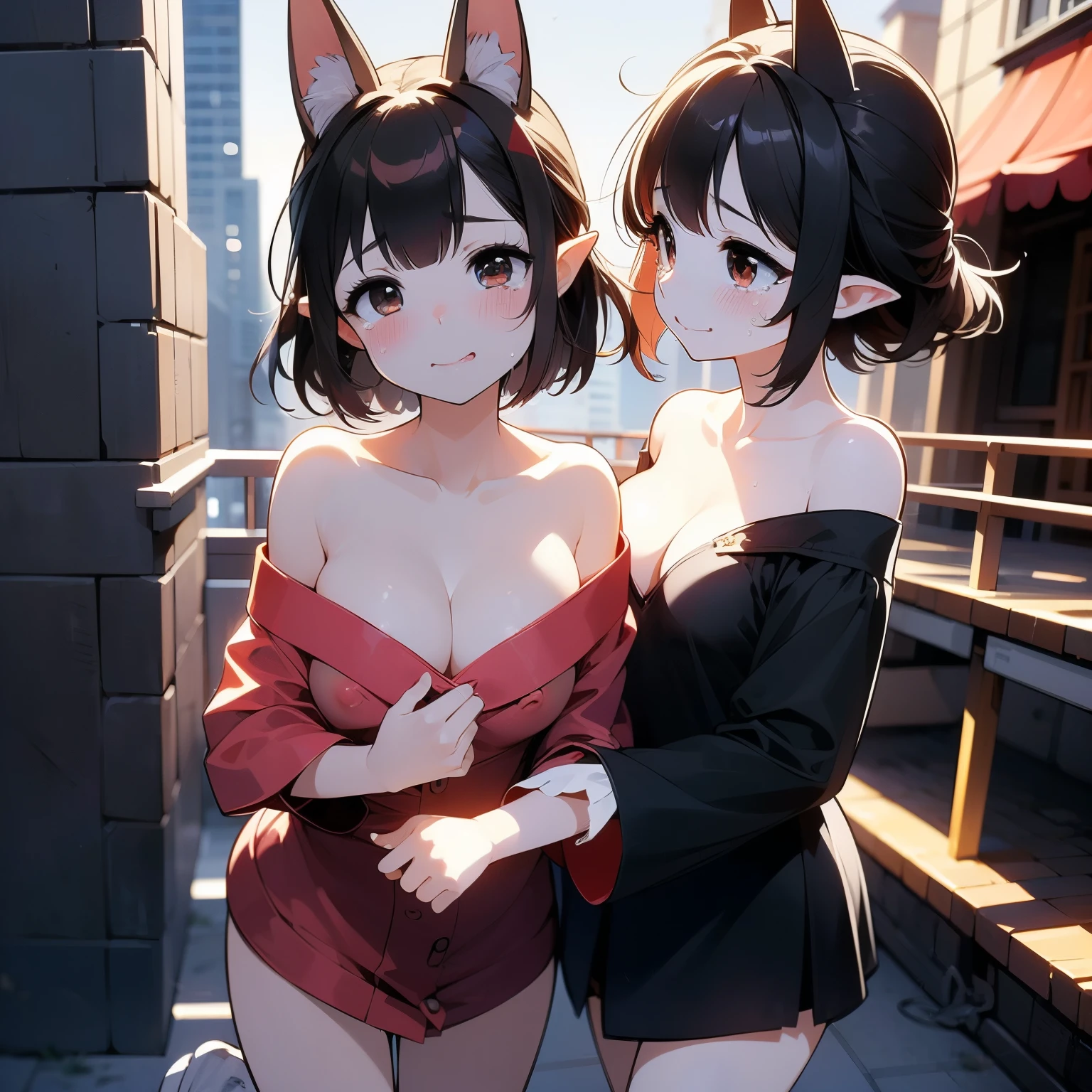 (Two peopleの日本のgirl)、masterpiece, 最high quality, high quality, High precision,Highly detailed 8K wallpapers、Innocence、Pitiful、Young Beauty、cul-de-sac、A city of buildings in the shadows、Walking home in the evening、break、（Two people、girl、Hasaha、Animal ears、Black Hair、Brown eyes、Pointy Ears、short hair、Long Hair、Fox Ears、Animal ears、Black Hair、Brown Hair、Brown eyes、Red eyes、少しPointy Ears、Fox Ears、Bold Valley、Bold nipples、Soft Breasts、Bold thighs、Cute inner thighs）、(Red shoulder、Flushed skin、Crying loudly、Tears running down my cheeks)、(Off-the-shoulder exposure、Cleavage、Small breasts、両手でCleavageを強調する:3.5)、（See-through negligee、Nightgown、No underwear、Dirty body)、break、（Hold back your clothes）、(It feels good to be seen)、(summer、hot day)、Sweat、(Evening Road、electric lights、Blushing)、かわいいdaughterたち、Cute kids、(Breast flash、Sweat runs down your chest)、Mojimoji、break、(Embarrassed smile)、defenseless、Cute squid belly、Innocence、Cute face、Somewhat excited、Women、thin胸板、Tsurupeta、Cute face、No correction、thin、Before menarche、((whole body))、（girl、daughter、younger sister、）、While playing the recorder、