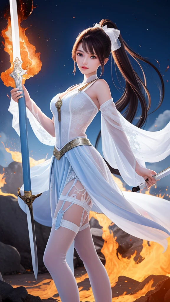 Marz,The sky cracked,A sea of fire,18-year-old girl holding a 1-meter long white sword,The sword emits a faint blue sword energy,The sword points to the sky,Curvy beauty,High Ponytail,Wearing a white tulle suspender,There was a lot of blood on the clothes,The ground was covered in blood
