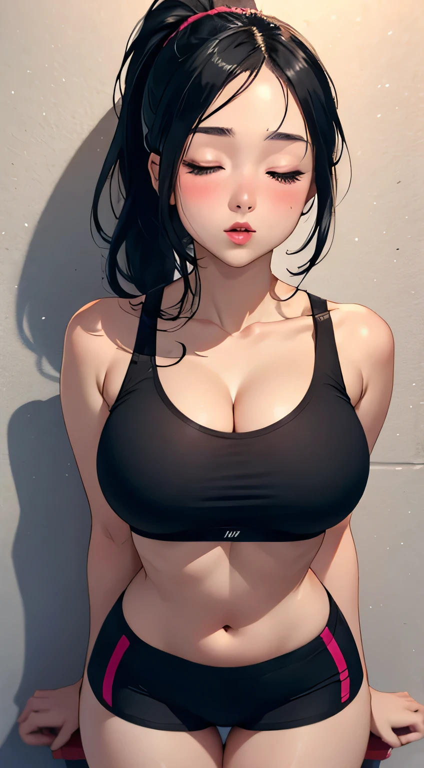 Sexy and cute woman, black hair in a ponytail, pink lips parted, black bra, black track pants, pinned against the wall, blushing, medium chest, cleavage, perfect body, huge ass, thick thighs