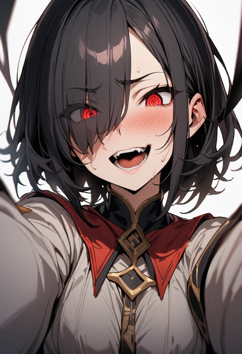 masterpiece, best quality, very aesthetic, absurdres,(nsfw),(1girl:1.5),(upper body:1.3),(1girl,black hair, best quality, high quality, blush, best quality, open mouth,simple background, masterpiece, looking at viewer, eyes visible through hair,pov,(one red eyes), (hair over one eye),evil smile,evil_eyes, ringed eyes, tsurime,