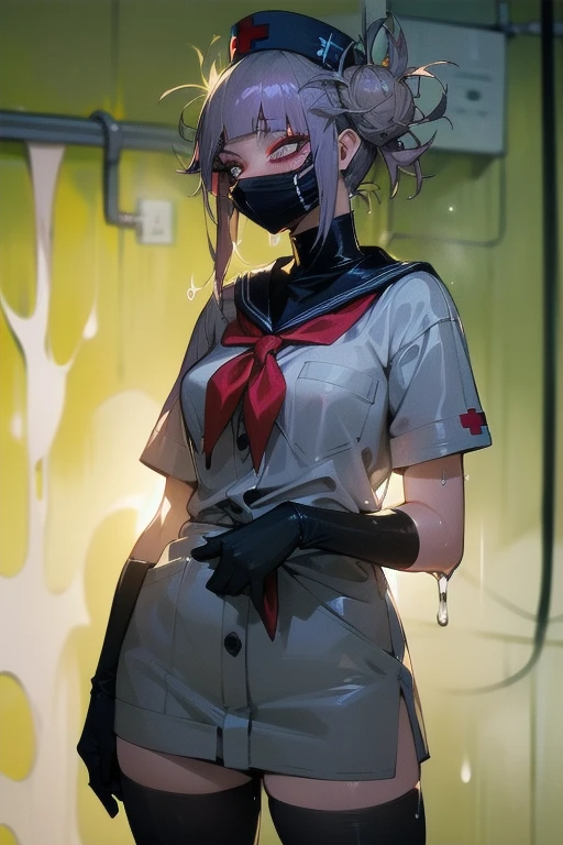 black nurse, 1 female, black nurse cap, Black Wear, ((black legwear, zettai ryouiki)), black elbow gloves, long hair, purple hair, gray eyes, ((Black surgical mask, Covered nose)), Are standing, ((operating room)), sharp outline, short sleeve, mature woman, 35 years old, highest quality, masterpiece、shiny costume、(((sexy slutty makeup、dripping sweat、oil skin,sparkling skin、realistic skin texture、detailed beautiful skin、shiny skin、shiny white skin))),