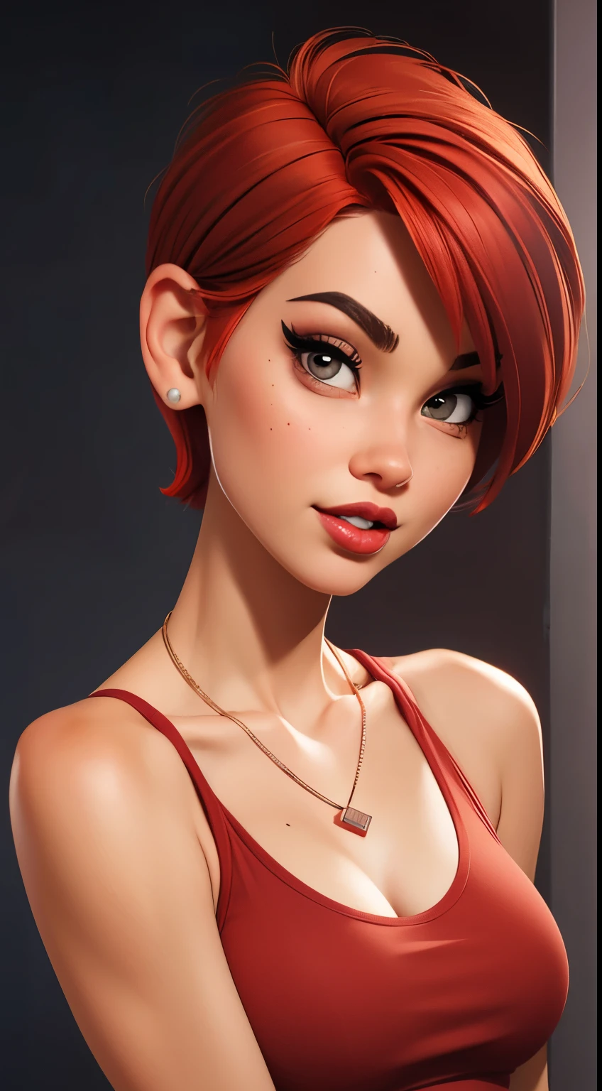 Close-up focus on 1 skinny model, wearing a red fitted tank top that covers her small breasts, pixie cut red hair, red lips, necklace, High quality, Masterpiece, Best quality, Extremely detailed, warm colors, Photorealistic