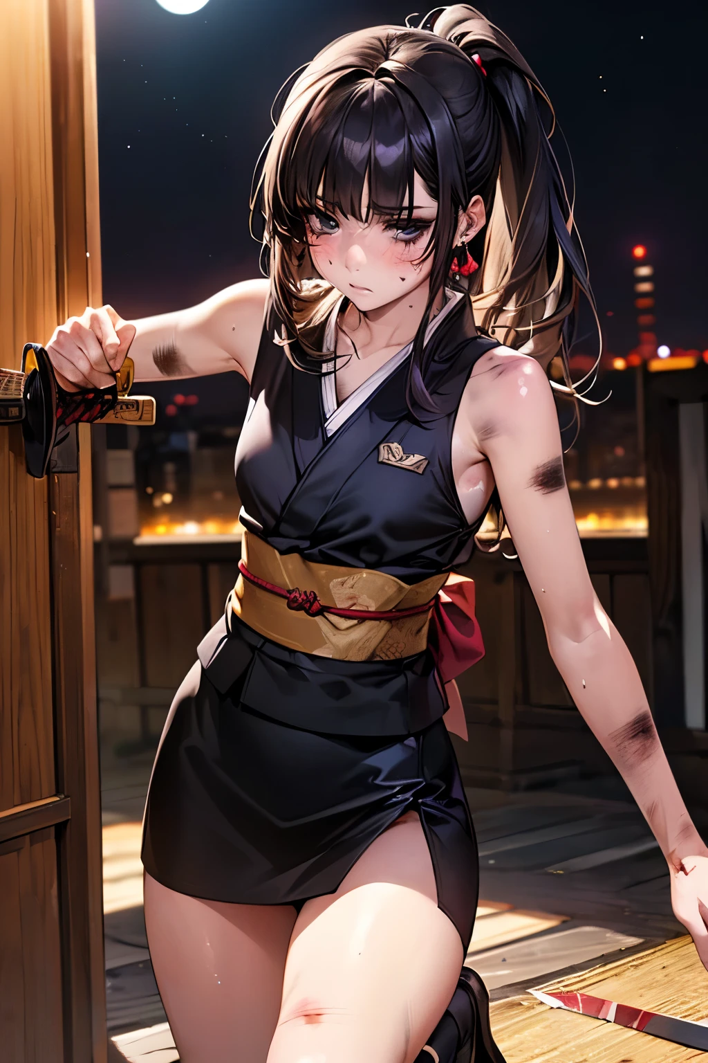 1shot,((perfect anatomy:1.2,realistic:1.3,RAW Photography:1.3,masterpiece、highest quality、Ultra - High resolution、High resolution、Highly detailed CG、8K)),cowboy shot,1 female,solo、25 year old beauty,Japanese,((beautiful detailed face and eyes:1.5,big gorgeous eyes:1.5,gray eyes)),black hair,long hair,straight hair,blunt bangs,blush,crying,open mouth,drooling,((medium breasts, ideal ratio body proportions:1.5,small head:1.5,slender body,skinny)),((sweat:1.3)),(gleaming skin,shiny skin),(ninja uniform,Black kimono、Sleeveless、Black mini skirt、Deep slit、barefoot),Action pose、Port warehouse district、container、Outdoor、at night、moonlight、