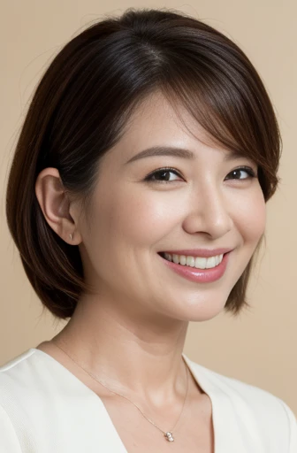 Masseter Film, highest quality, masterpiece, High resolution, realism, Original photo, 8k wallpaper, perfection, Professional Lighting, Very detailed, Written boundary depth, ((Beautiful woman)), ((45-year-old woman)),, ((smile)), Detailed face, Beautiful Eyes,, (Thick lips), A photo of your face,Put your hair up and expose your neck,bangs