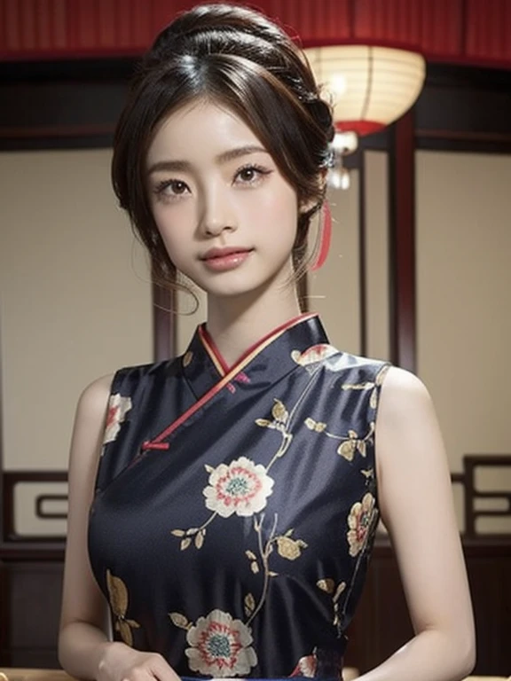 (uetoaya)Using the trigger word、Generate an image of a young female model wearing a traditional Chinese dress。She has a charming aura that evokes Chinese culture and aesthetics.、Her hairstyle is「chinese buns（Chinese bun hairstyle）」It has become。The dress she wears、涼しげな色合いinありながらも華やかin、Incorporating traditional Chinese elements。The dress has a sleeveless design（Sleeveless）in、Make her skin look beautiful。Also、Add glamorous elements to the material and details of the dress.、Enhance her beauty。Her poses and facial expressions are、It exudes confidence and elegance.、It shows off the beauty of Chinese culture and dress.。Background、It incorporates traditional Chinese elements and scenery.、Make sure it matches her vibe。The generated image is、ファッション雑誌やアート作品などin、We hope it will be a wonderful image that celebrates traditional Chinese beauty.。