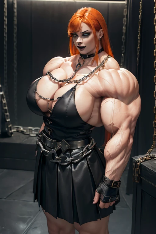 ((((Massive tall, beautiful, buff, pale white skinned muscular woman with orange hair, black lipstick, ginormous bulky muscles, surrounded by chains and wearing an half button down black blouse with pleated skirt and leather coat)))), close view, massive muscle, massive biceps, hyper muscle shoulders, ((ginormous muscle arms)), hyper muscle triceps, (shaggy long hair), green eyes, choker, pleated skirt, (chain belt), black coat, black boots, (fingerless gloves), (orange smoke surrounding the body), in a darken skyscraper office, sexy glare, night, hyper vascular arm, hyper muscles arms, hyper muscle legs, (ginormous arms).