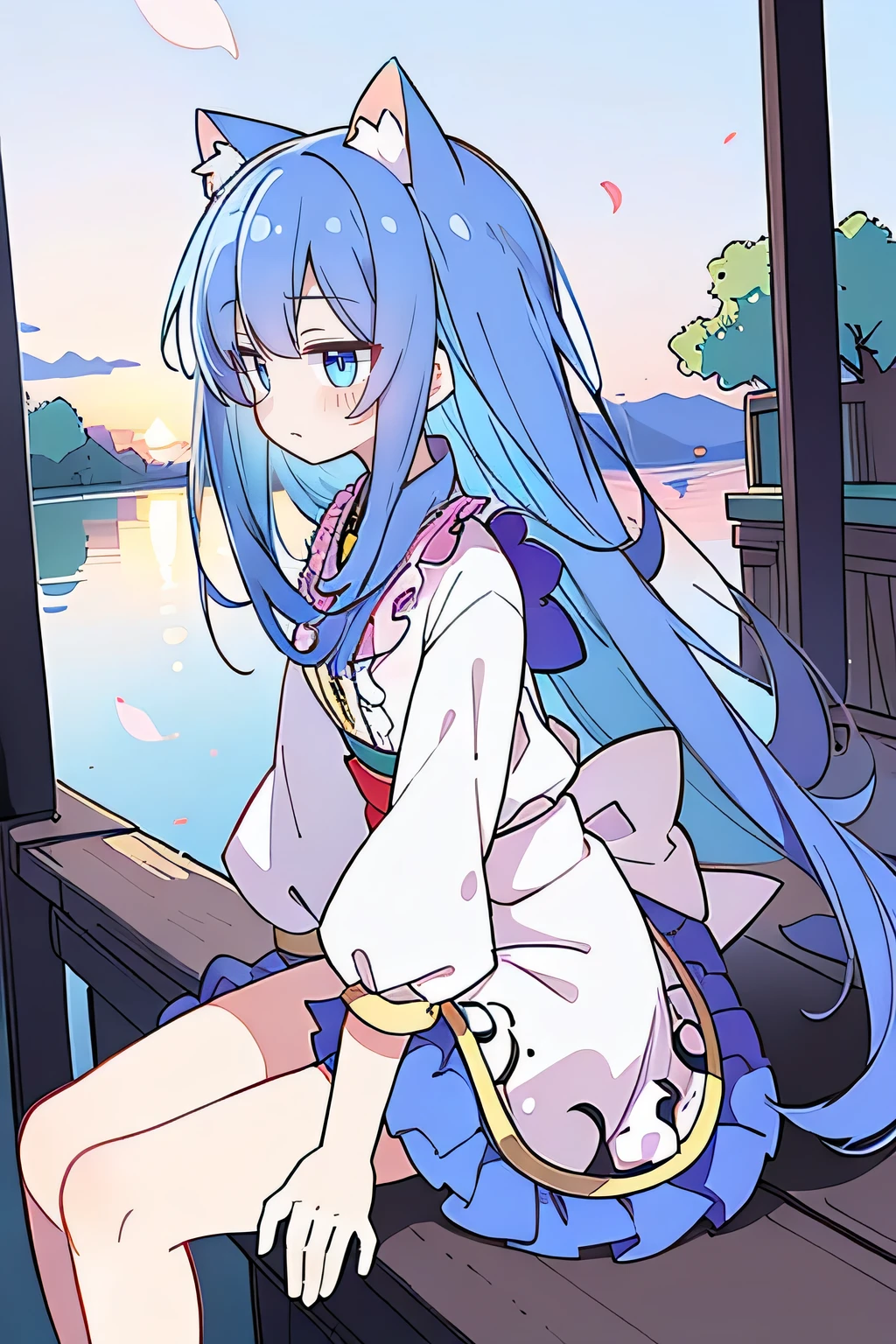 (masterpiece:1.2),Super detailed,Practical,expressive eyes,Fair skin,Perfect face shaping,1 Girl,
Japanese cartoons,Gorgeous blue hair, the long flowing blue hair,Floating clothes,Cat ears,Petals falling,beautiful lola,Young Angel,
Hands on waist,sit elegantly on the ground,Cross your legs,Gentle and peaceful background,Cool and cozy pavilion,Sunset,