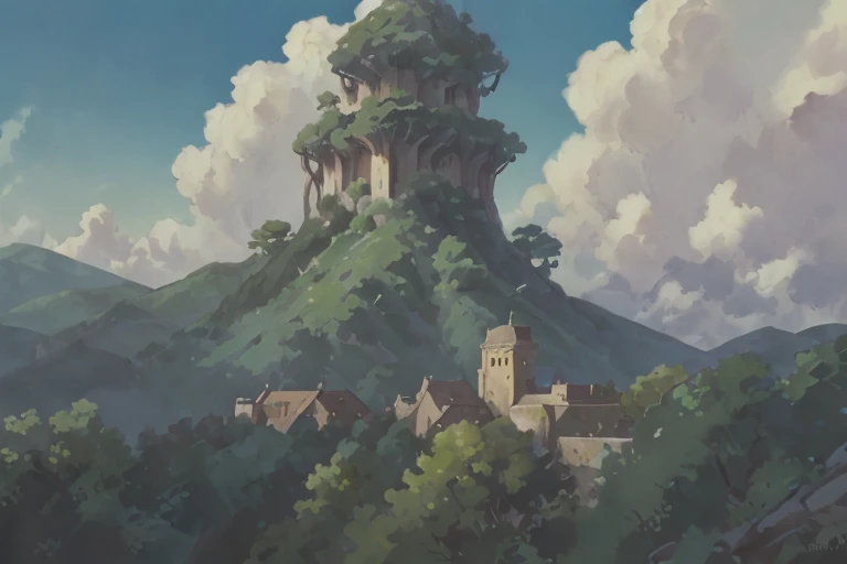 impressive big ((ghibli)) fantasy dark sorcerer's castle at night, tiled roofs, medieval, rocky mountains, many towers, sky passages between towers, clustered towers, many turrets, balconies, POV