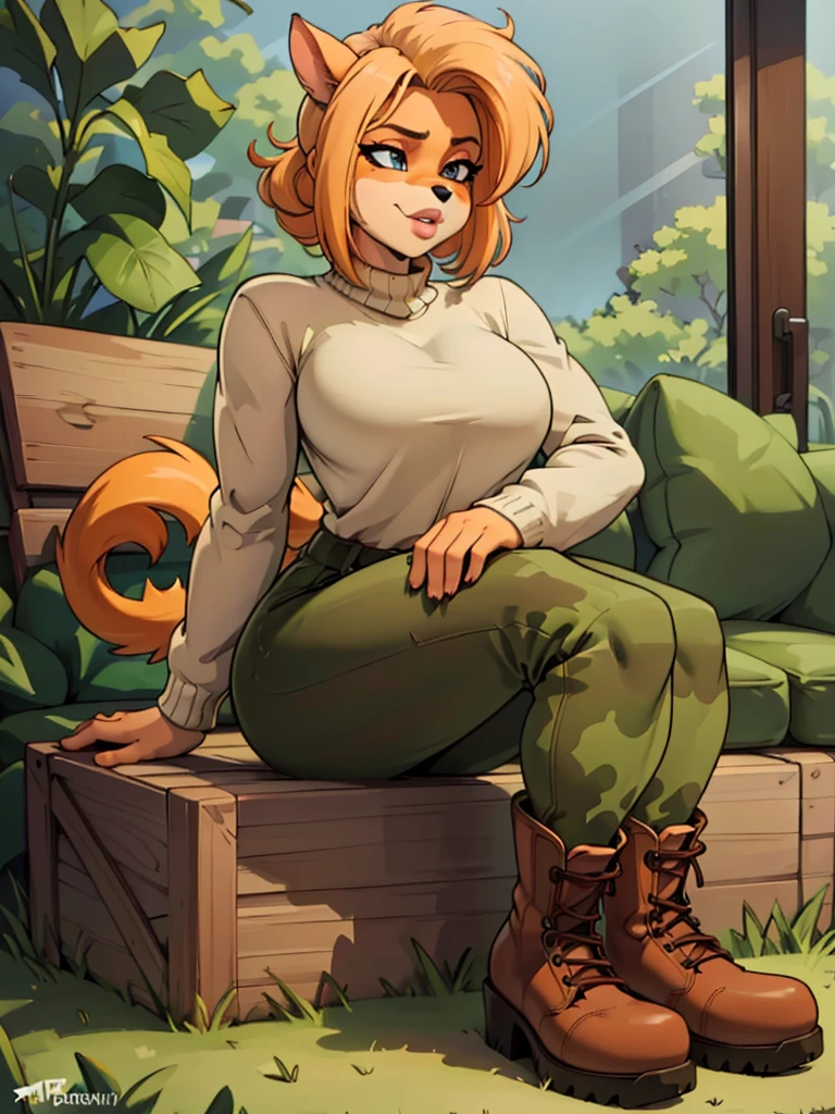 (best quality,4k,highres),ultra-detailed,realistic:1.2,portrait,detailed eyes,lips,and face,long eyelashes,young cuty :female:blonde hair,furry anthro bandicoots girls lesbian ,sweater,camouflage pants,army boots,relaxing posture,night,kiss,serene atmosphere,vibrant colors,soft lighting