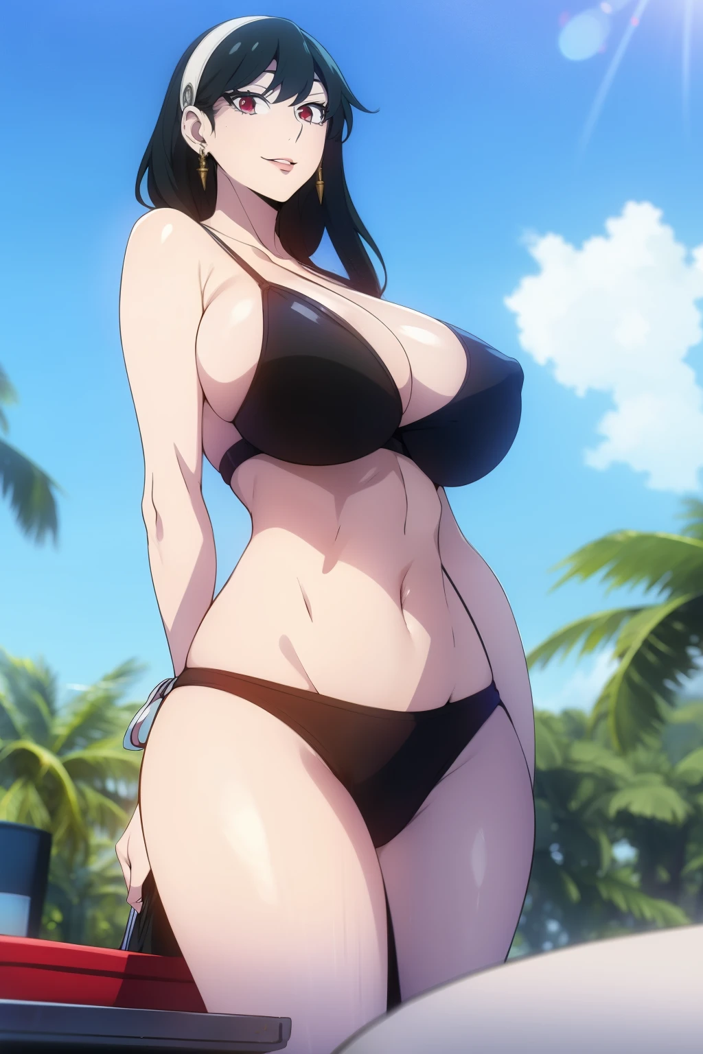 An anime-style artwork depicting yor from the anime spy x family
Tags: Yor Forger, holding, black hair, (micro bikini:1.1), hairband, sidelocks, looking at viewer, bare shoulders, standing, earrings, short hair with long locks, jewelry, closed mouth, bangs, anime, detailed eyes, detailed lips, , 1girl, red eyes, (black hair:1.1), solo, huge bremiling expression, intense gaze, dynamic pose, outdoor, beach, (lying on sun lounger), vibrant colors, digital art, high-resolution, professional quality, gigantic breasts, c), curvy,shot, (gigantic breasts: 1.4),