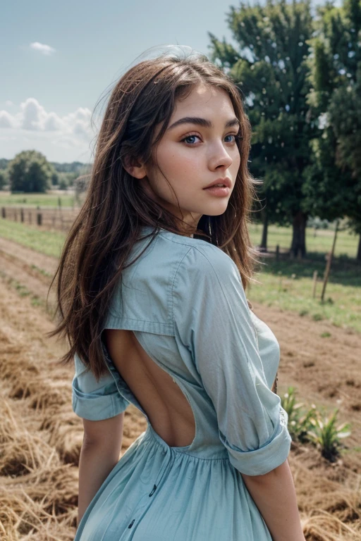 high detail, photorealistic, 8k, high quality, blurred background, photograph of a araffed in a yellow dress walking on the farm, model, ((from behind, looking up to sky)), countryside, straight brown hair, sasha grey, portrait sophie mudd, 18 years old, madison beer girl portrait, violet myers, she looks like a mix of grimes, maggie lindemann, very pretty model, arian mark, natural makeup, blue eyes, cleft chin, ((full body)), deep tan skin, glow, (winter, cold, sunny day), high detailed face, eyes in sharp focus, high quality face, high detailed hands, high quality hands, anatomically correct,