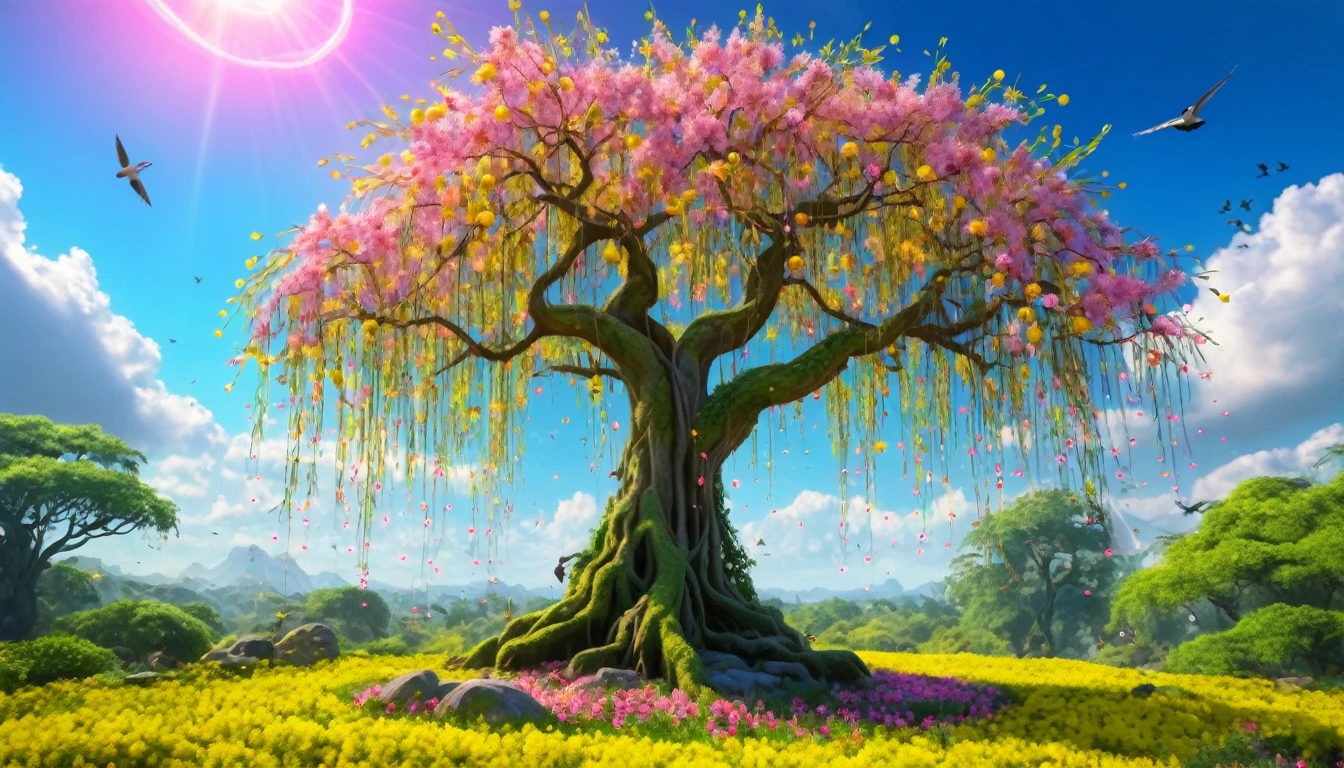 masterpiece, soft lighting, realistic, high quality, forest, huge willow tree, blooming yellow pink flowers, neon, sparks, blue sky, glowing, spring flowers, bubble, birds, lush of jungle, leafs, clouds, day, dream