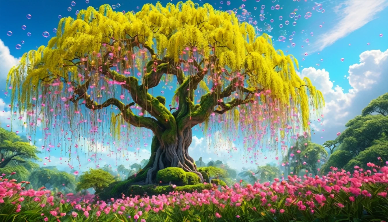 masterpiece, soft lighting, realistic, high quality, forest, huge willow tree, blooming yellow pink flowers, neon, sparks, blue sky, glowing, spring flowers, bubble, birds, lush of jungle, leafs, clouds, day, dream