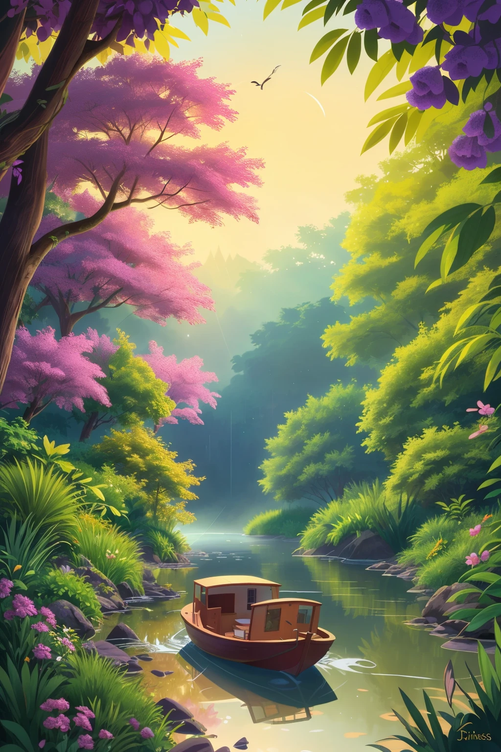An empty small boat floats serenely in the gentle morning river, surrounded by lush green bushes that gracefully line both banks. The sun begins to rise, casting a warm, golden glow over the scene, enhancing the inherent beauty of the river. The sunshine dances on the calm water, creating a sense of peace and tranquility. The sky above is a breathtaking canvas of oranges, pinks, and purples, indicative of the approaching sunrise. Soft lights filter through the trees, illuminating the scene with a warm, inviting glow. Vivid colors pop from the foliage, bringing a sense of vibrancy and life to the image. Shadows cast by the