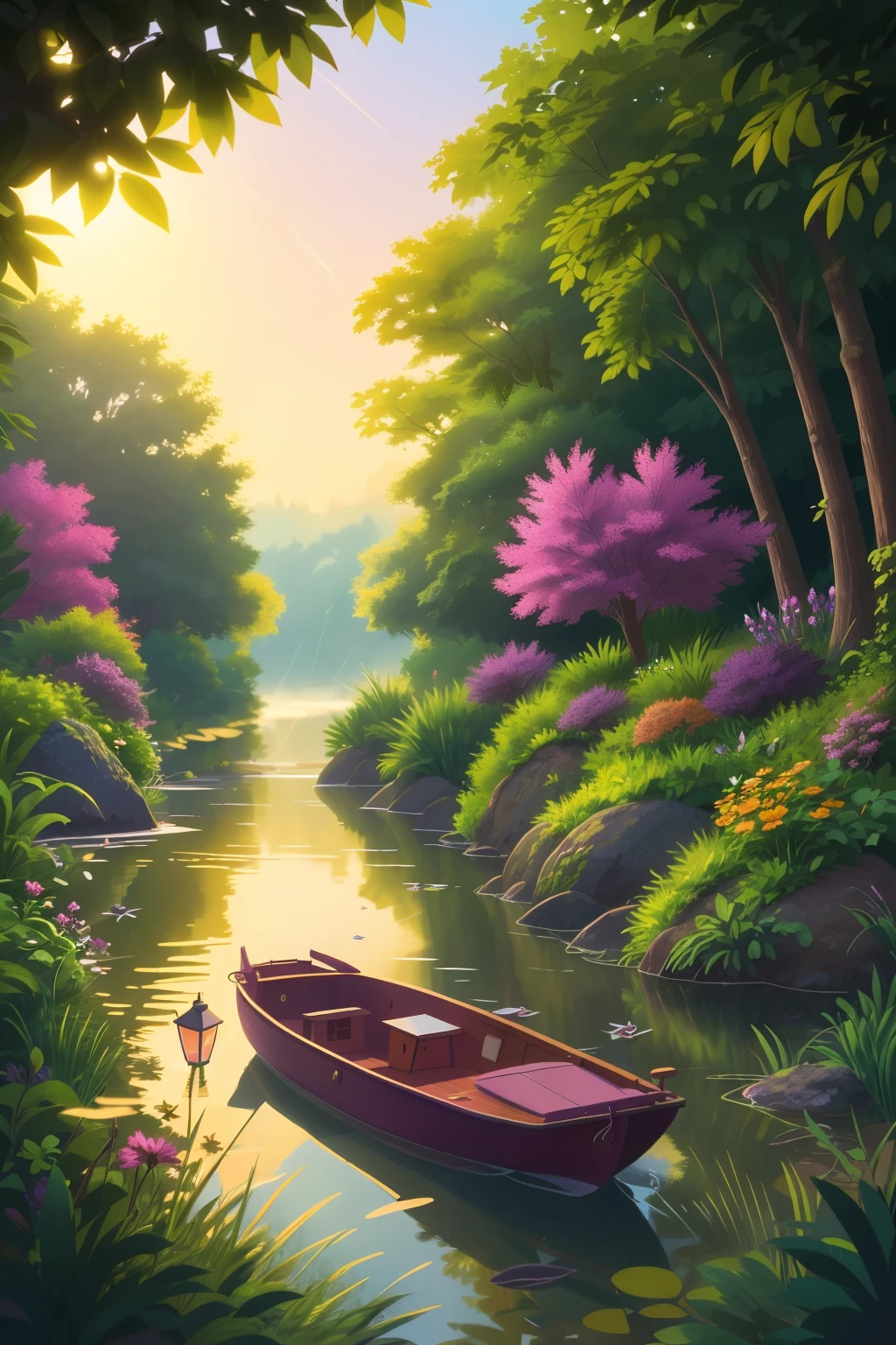 An empty small boat floats serenely in the gentle morning river, surrounded by lush green bushes that gracefully line both banks. The sun begins to rise, casting a warm, golden glow over the scene, enhancing the inherent beauty of the river. The sunshine dances on the calm water, creating a sense of peace and tranquility. The sky above is a breathtaking canvas of oranges, pinks, and purples, indicative of the approaching sunrise. Soft lights filter through the trees, illuminating the scene with a warm, inviting glow. Vivid colors pop from the foliage, bringing a sense of vibrancy and life to the image. Shadows cast by the