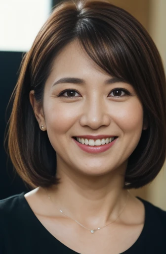 Masseter Film, highest quality, masterpiece, High resolution, realism, Original photo, 8k wallpaper, perfection, Professional Lighting, Very detailed, Written boundary depth, ((Beautiful woman)), ((45-year-old woman)),, ((smile)), Detailed face, Beautiful Eyes,, (Thick lips), A photo of your face,Put your hair up and expose your neck,bangs,Staring at the audience