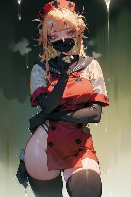 black nurse, 1 female, black nurse cap, Black Wear, ((black legwear, zettai ryouiki)), black elbow gloves, long hair, purple hair, gray eyes, ((Black surgical mask, Covered nose)), Are standing, ((operating room)), sharp outline, short sleeve, mature woman, 35 years old, highest quality, masterpiece、shiny costume、(((sexy slutty makeup、dripping sweat、oil skin,sparkling skin、realistic skin texture、detailed beautiful skin、shiny skin、shiny white skin))),