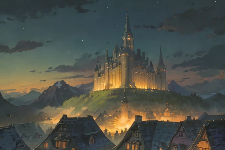 impressive big ((ghibli)) fantasy dark sorcerer's castle at night, tiled roofs, medieval, rocky mountains, many towers, sky passages between towers, clustered towers, many turrets, balconies, POV