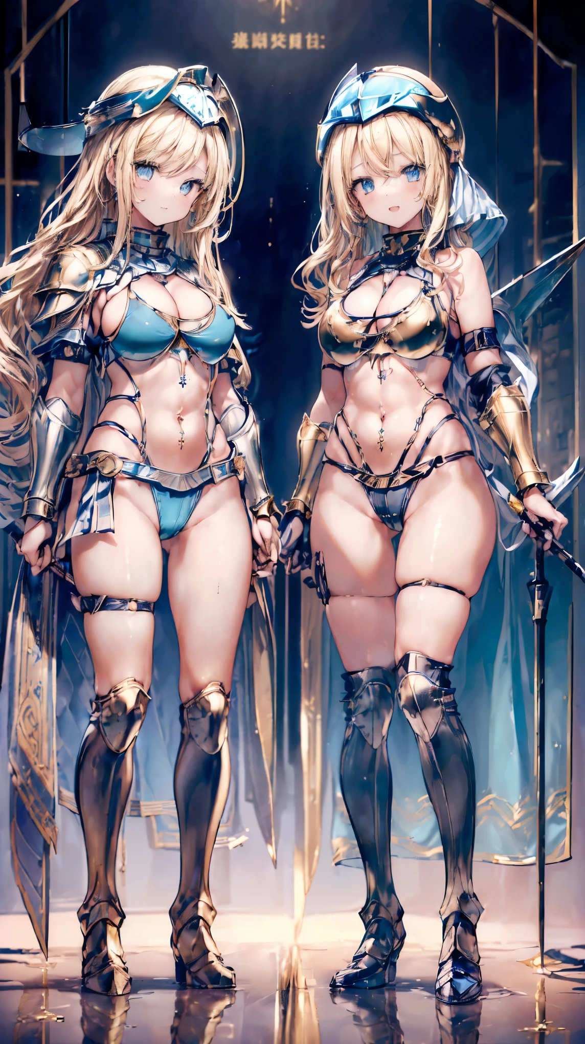 (Two girls standing side by side:1.5)、Very detailed、highest quality、(Best image quality:1.5)、(masterpiece:1.5)、8k、Anime Face、A kind smile、Open Mouth、(Beautiful bright blue eyes:1.5)、(Blonde wavy hair:1.5)、Muscles of the whole body、(Thigh belt:1.3)、(Wearing gold bikini armor:1.5)、(Cowboy Shot:1.6)、(Wearing a helmet:1.5)、(Holding a spear:1.5)、Warm lighting