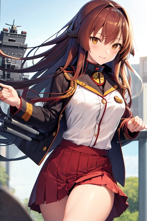 anime character with long brown hair and red eyes, anime visual of a cute girl, anime visual, konpeki no kantai, rb6s), 8k, Highly Detailed, Masterpiece, source_anime, best quality, beautifully detailed eyes and beautifully detailed hair, 1girl, solo, Anime-style illustration featuring a confident character with long dark hair and striking red eyes. The character is wearing a light-colored, buttoned-up uniform with black trim and a red tie. The uniform includes a belt with a silver buckle and dark cuffs. The character's expression is determined, with a slight smirk on their face. The background is simple and light, focusing attention on the character, the sleeves are the same color as the uniform