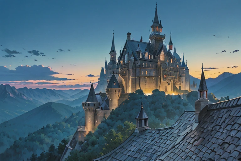impressive big ((ghibli)) fantasy dark sorcerer's castle at night, tiled roofs, medieval, rocky mountains, many towers, sky passages between towers, clustered towers, many turrets, balconies, POV