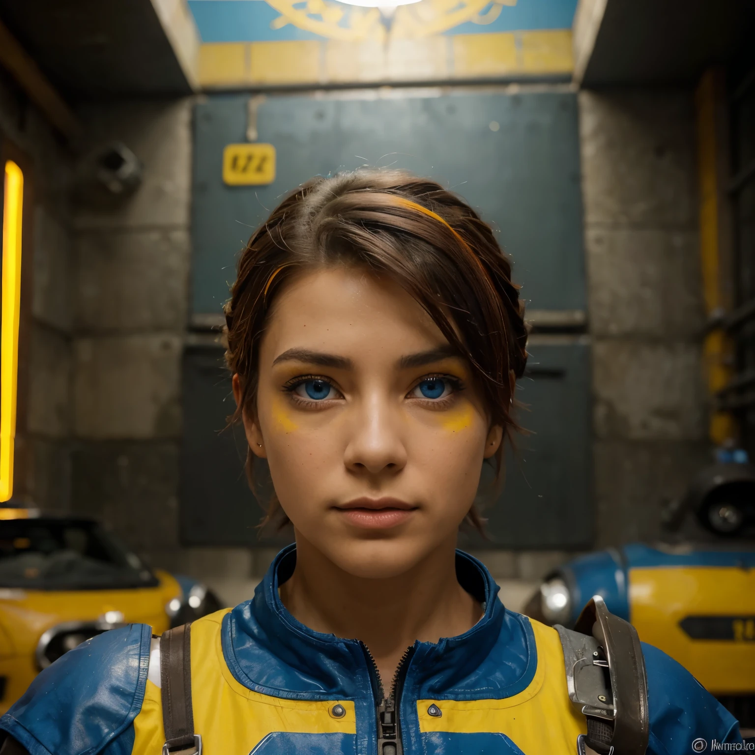 (Obra maestra:1.3), (best cinematographic quality:1.2), (extremely detailed settings:1), (Suave+artistic lighting), (1 chico), short blue hairojo, (eyes+amarillo+rojo:1.4), (multicolorojo eyes+heterochromia), vistiendo ropa ciberpunk, futuristic, technological, paisaje de la ciudad con (robots alrededor)0.4], giving a dramatic landscape.