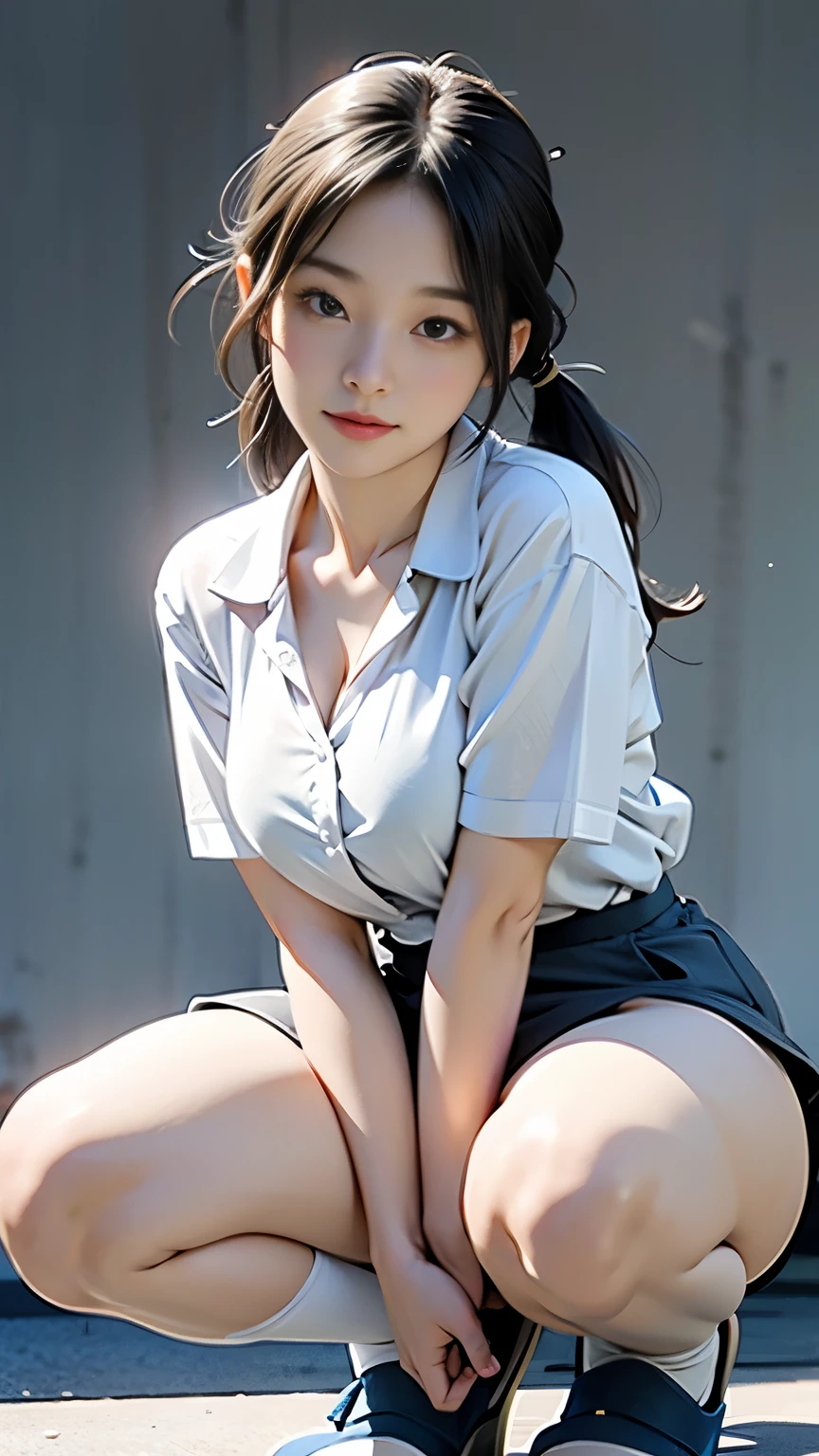 （Best image quality、highest quality、Highest Resolution、masterpiece、detailed、Actual photo）、Beautiful and sexy woman、Short pigtails、double eyelid、detailedな瞳、detailedな顔、Big Breasts、Cleavage、(Thighs:1.4)、Squat、(squat:1.4)、(Knees move apart:1.4)、Panties、White short sleeve shirt、Check weat:1.4)