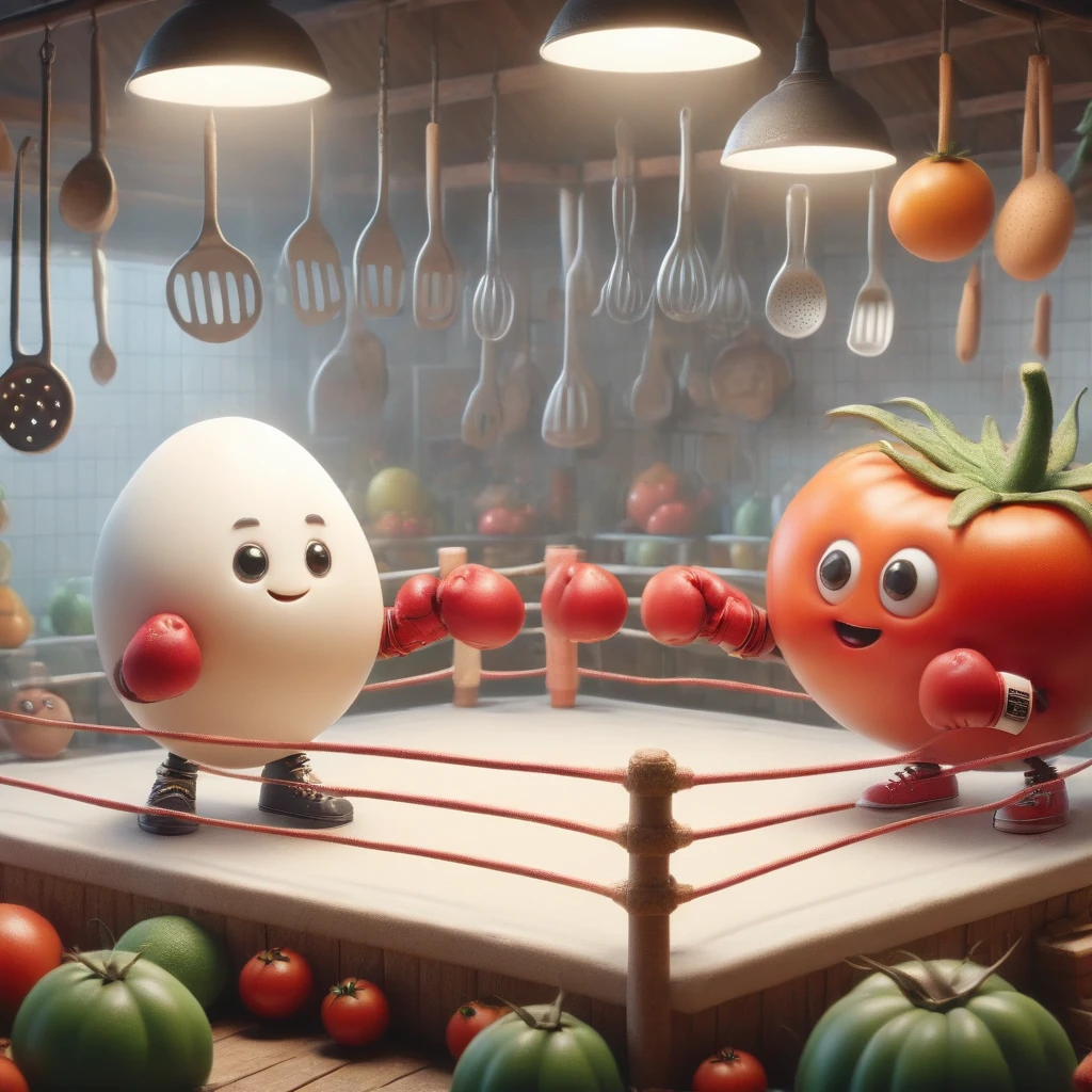 A whimsical kitchen-style boxing ring，1 eggBREAK 1 tomato boxing match，Cartoon，illustration，cute，Kitchen-style boxing ring in the background，Eggs wearing miniature gloves and determined smiles，Tomato wearing boxing gloves，场景充满活力且Cartoon化，The scene is lively and lively，Capturing a unique friendship scene，anatomically correct, masterpiece, ccurate, high details, award winning, best quality, 8k, 1qjbs1