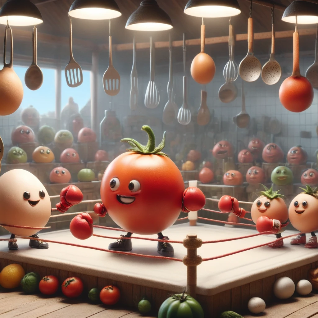 A whimsical kitchen-style boxing ring，1 eggBREAK 1 tomato boxing match，Cartoon，illustration，cute，Kitchen-style boxing ring in the background，Eggs wearing miniature gloves and determined smiles，Tomato wearing boxing gloves，场景充满活力且Cartoon化，The scene is lively and lively，Capturing a unique friendship scene，anatomically correct, masterpiece, ccurate, high details, award winning, best quality, 8k, 1qjbs1