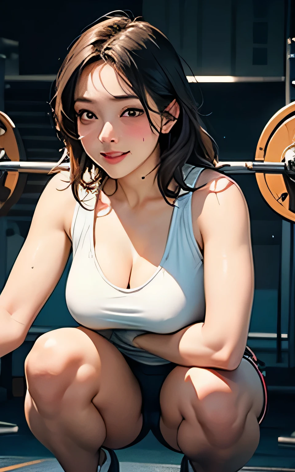 very detailed Cg Unity 8K wallpaper, highest quality, Very detailed, Tabletop, Realistic, Like the picture, Very detailedなかわいい女の子, 38 years, Large Breasts , Cleavage , (Sweat) , Round eyes, Audience, blush, smile, Lips parted, Half Body Shot , Realistic 、 Tank top , panties , Squat, sports gym,