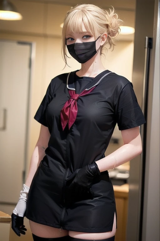 black nurse, 1 female, black nurse cap, Black Wear, ((black legwear, zettai ryouiki)), black elbow gloves, long hair, purple hair, gray eyes, ((Black surgical mask, Covered nose)), Are standing, ((operating room)), sharp outline, short sleeve, mature woman, 35 years old, highest quality, masterpiece、shiny costume、(((sexy slutty makeup、dripping sweat、oil skin,sparkling skin、realistic skin texture、detailed beautiful skin、shiny skin、shiny white skin))),