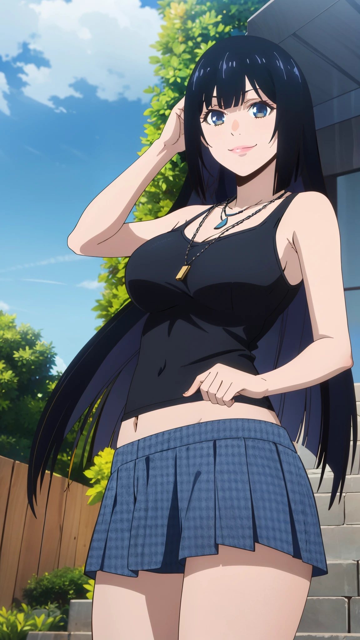 Super high quality CGI animation 8k, very detailed, Digital Art Painting, 1 girl, Happy, smile, looking at the viewer, blunt bangs blunt ends princess cut bangs, black hair, very long hair, big breasts,Tank top,necklace,mini skirt,sexy pose,blue sky,