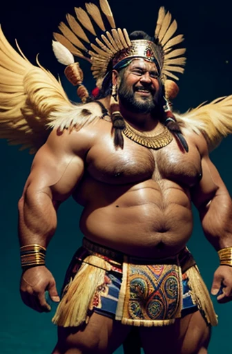 A shirtless Mayan warrior obese full body bodybuilder with a very oiled body a sweaty smiling old man with a feather headdress on his head and extremely muscular and extremely fat over 70 years old weighing over 600 pounds very muscular very hairy big pecs with dark nipples with gynecomastia in a Mayan pyramid with a small skirt of colorful feathers with gold applications