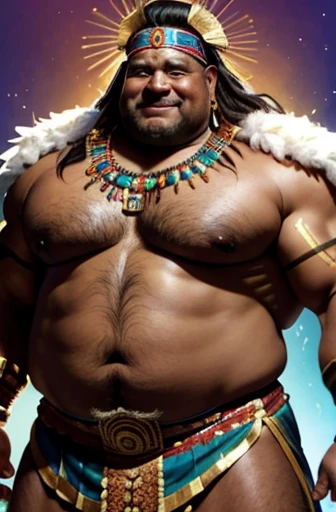  A shirtless Mayan warrior obese full body bodybuilder with a very oiled body a sweaty smiling old man with a feather headdress on his head and extremely muscular and extremely fat over 70 years old weighing over 600 pounds very muscular very hairy big pecs with dark nipples with gynecomastia in a Mayan pyramid with a small skirt of colorful feathers with gold applications 