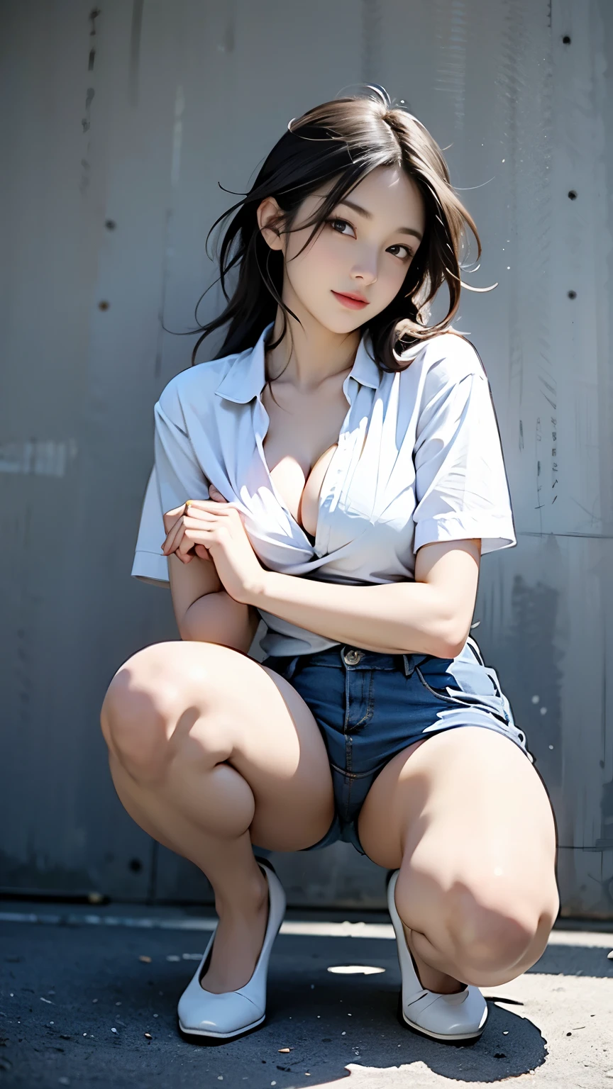 （Best image quality、highest quality、Highest Resolution、masterpiece、detailed、Actual photo）、Beautiful and sexy woman、k-pop,Slanted Eyes、double eyelid、detailedな瞳、detailedな顔、Big Breasts、Cleavage、(Thighs:1.4)、Squat、(squat:1.4)、(Spread your knees:1.4)、Panties、White short sleeve shirt、Check weat:1.4)