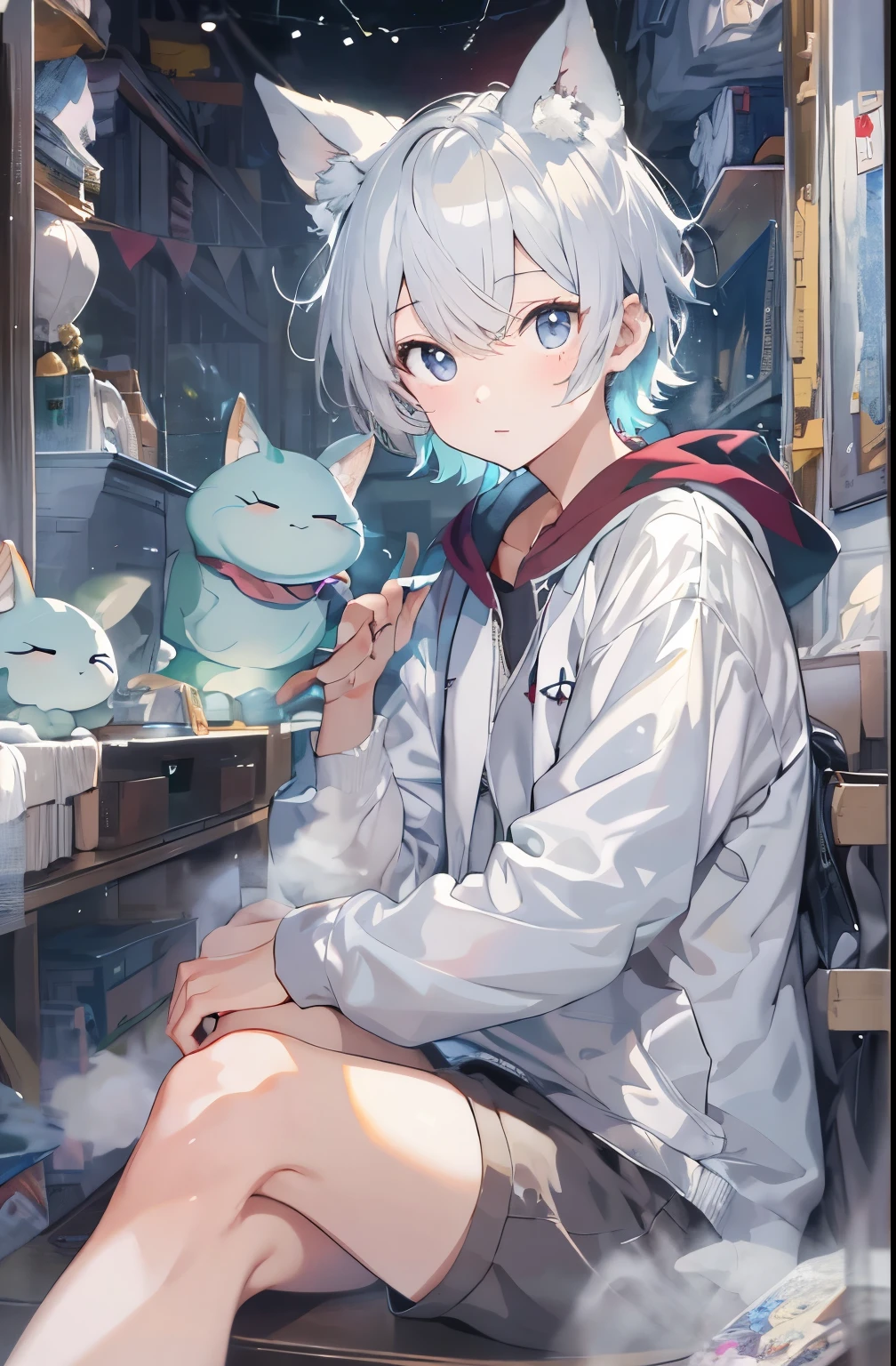 masterpiece, 最high quality, high quality, One boy, alone, Men's Center, Displaying the viewer, Upper Body, Nanase_Haruka,Silver Hair,Cat ear