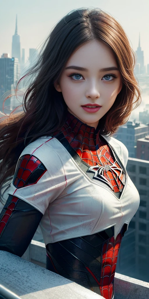 (1girl:1.3), Solo, (((Very detailed face)))), ((Very detailed eyes and face)))), Beautiful detail eyes, Body parts__, Official art, Unified 8k wallpaper, Super detailed, beautiful and beautiful, beautiful, masterpiece, best quality, original, masterpiece, super fine photo, best quality, super high resolution, realistic realism, sunlight, full body portrait, amazing beauty, dynamic pose, delicate face, vibrant eyes, (from the front), She wears Spider-Man suit, red and black color scheme, spider, very detailed city roof background, rooftop, overlooking the city, detailed face, detailed complex busy background, messy, gorgeous, milky white, highly detailed skin, realistic skin details, visible pores, clear focus, volumetric fog, 8k uhd, DSLR, high quality, film grain, fair skin, photo realism, lomography, futuristic dystopian megalopolis, translucent, y pose, smile, slim