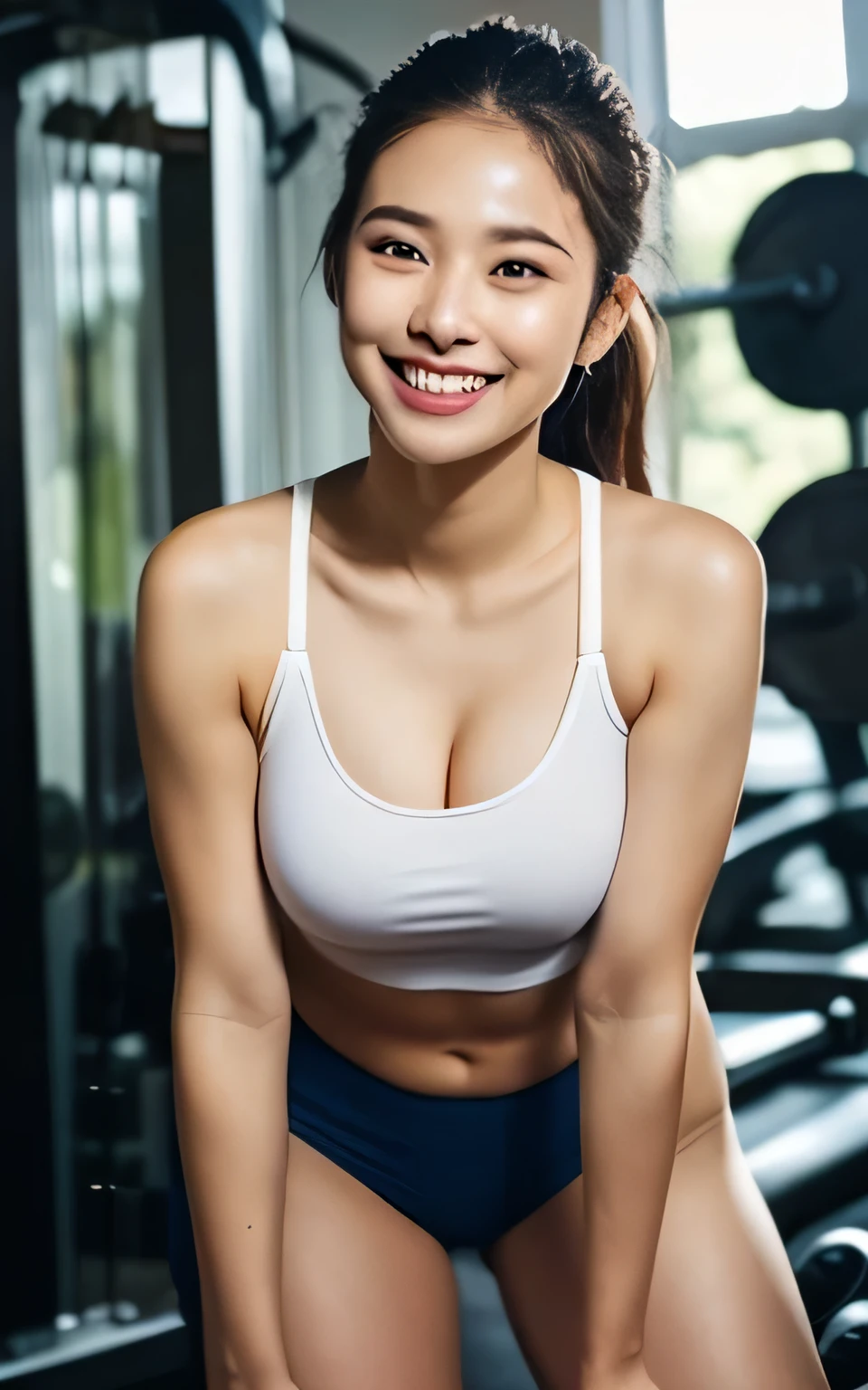 very detailed Cg Unity 8K wallpaper, highest quality, Very detailed, Tabletop, Realistic, Like the picture, Very detailedなかわいい女の子, 38 years, Large Breasts , Cleavage , (Sweat) , Round eyes, Audience, blush, smile, Lips parted, Half Body Shot , Realistic 、 Tank top , panties , Squat, sports gym,
