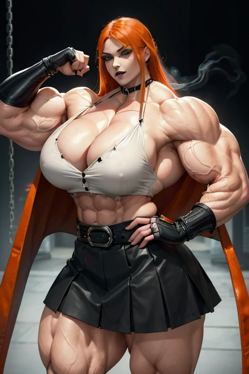 ((((Massive tall, beautiful, buff, pale white skinned muscular woman with orange hair, black lipstick, ginormous bulky muscles, flexing bulging muscles and wearing an half button down black blouse with pleated skirt and leather coat)))), close view, massive muscle, massive biceps, hyper muscle shoulders, ((ginormous muscle arms)), hyper muscle triceps, (shaggy long hair), green eyes, choker, pleated skirt, (chain belt), black coat, black boots, (fingerless gloves), (orange smoke surrounding the body), in a darken skyscraper office, sexy glare, night, hyper vascular arm, hyper muscles arms, hyper muscle legs, (ginormous arms).
