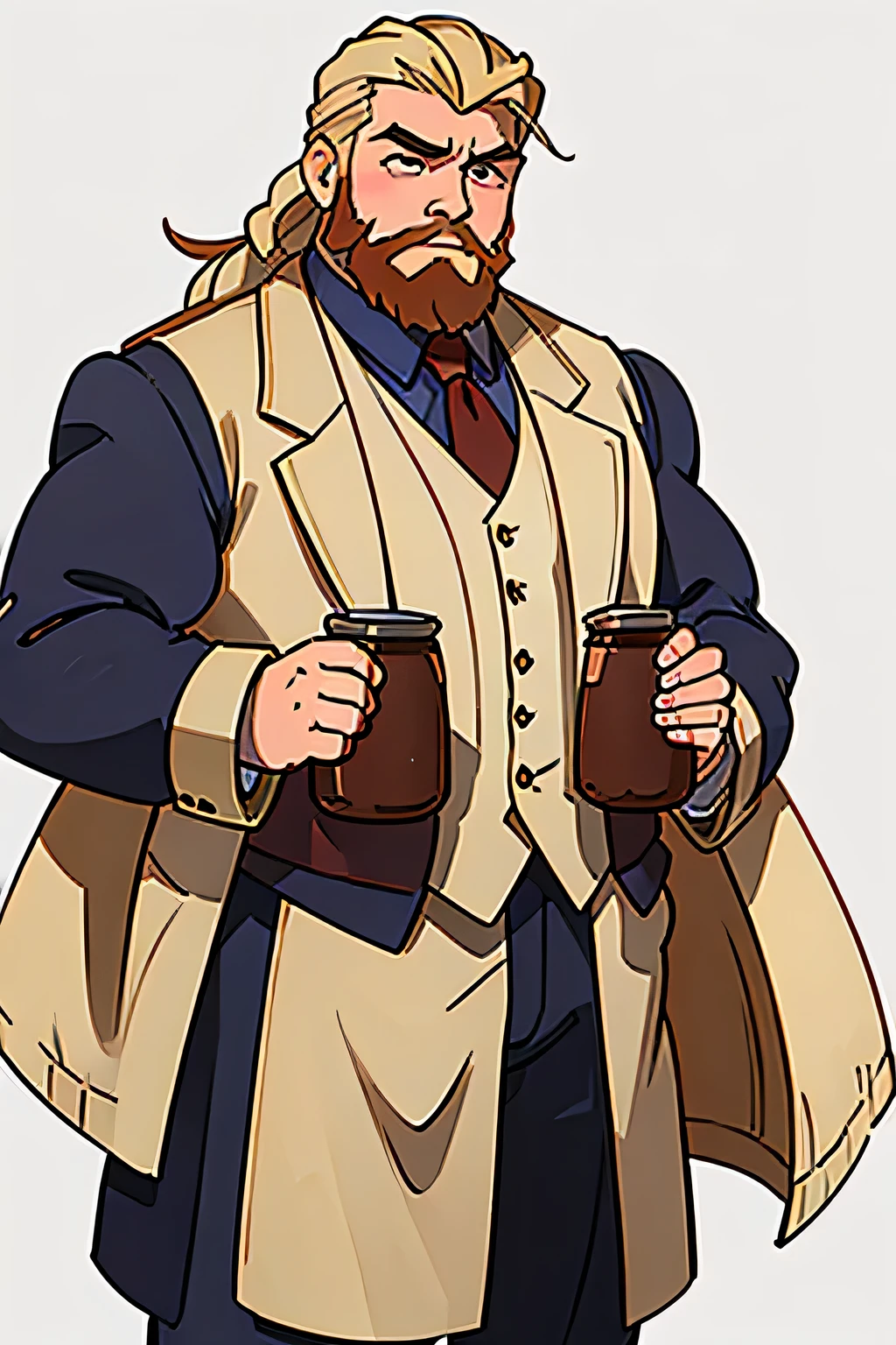 humanization of kvass in full size! a man with a beard is tall and stocky, blond hair and beard, in beautiful clothes, not very thick