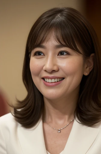Masseter Film, highest quality, masterpiece, High resolution, realism, Original photo, 8k wallpaper, perfection, Professional Lighting, Very detailed, Written boundary depth, ((Beautiful woman)), ((43-year-old woman)),,  ((smile)), Detailed face, Beautiful Eyes,, (Thick lips), A photo of your face,Brown long hair,bangs,Gazing at the audience
