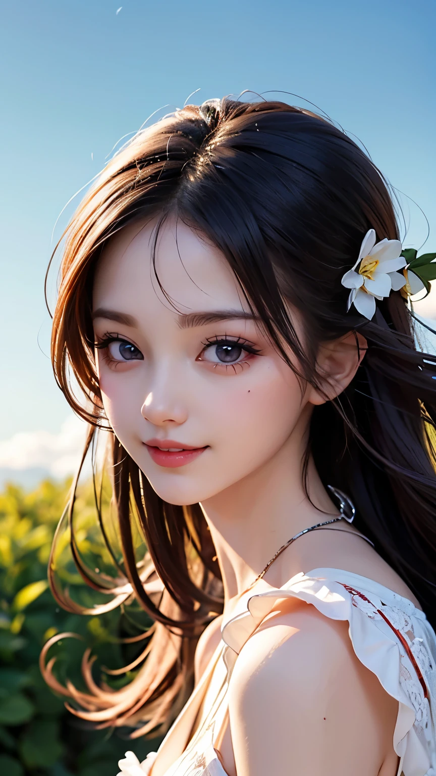 very cute and beautiful girl,White frilly sundress with fine lace,(Very beautiful face and eyes:1.2),smile
ひまわり畑の真ん中に立つ,Beautiful summer sky,
Mid Shot,(smile),Black Hair,Dynamic pose,Leg Details,
(highest quality,masterpiece:1.2),Absurd,High resolution,Very detailedな,Very detailed,32k,8k resolution,
Intricate details,Movie Scenes,Detailed Background,alone,Dynamic Angle,
alone,Hair blowing in the wind,