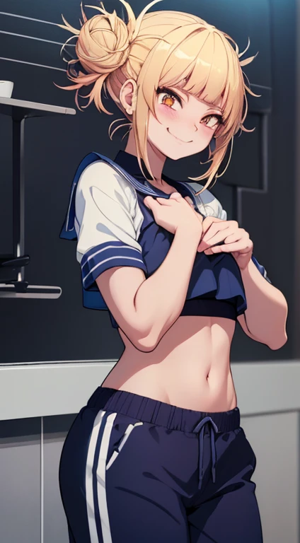 最high quality、Best image quality、masterpiece、With a girl((18-year-old、Blue sports bra、Blue sports pants、Best Bust、Bust 90、Blonde twin tails、Red eyes、Open your chest wide、valley、happiness、Slender、smile,Fitness)）high quality、Beautiful art、background((Sports club))、Tabletop、Exquisite design、Visual Arts、